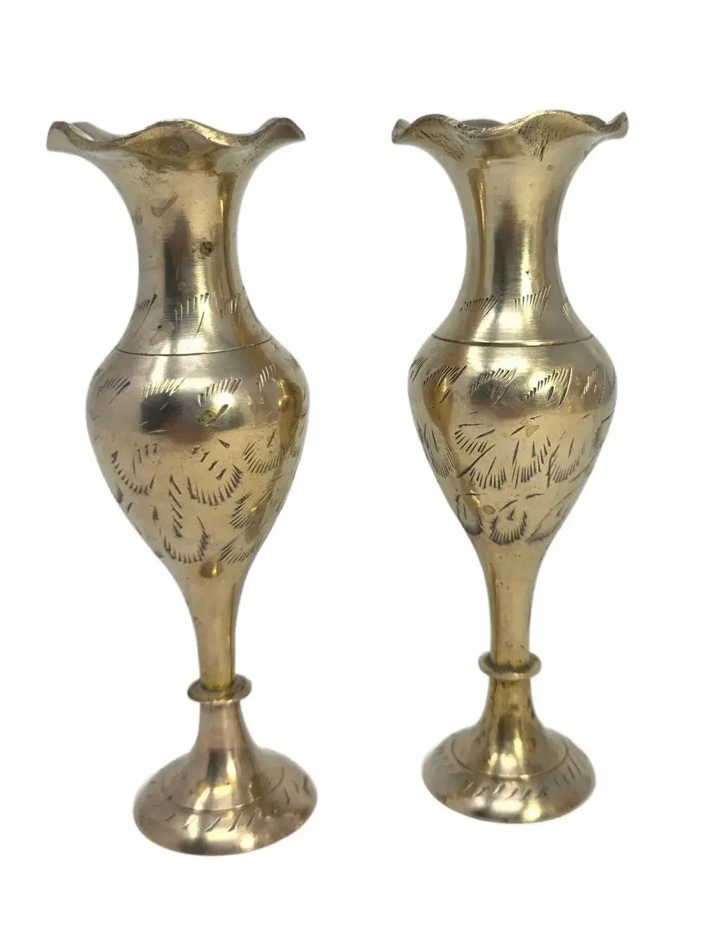 Vintage Indian Brass Vases Set of 4 Etched Floral Graduated Ruffled Rim